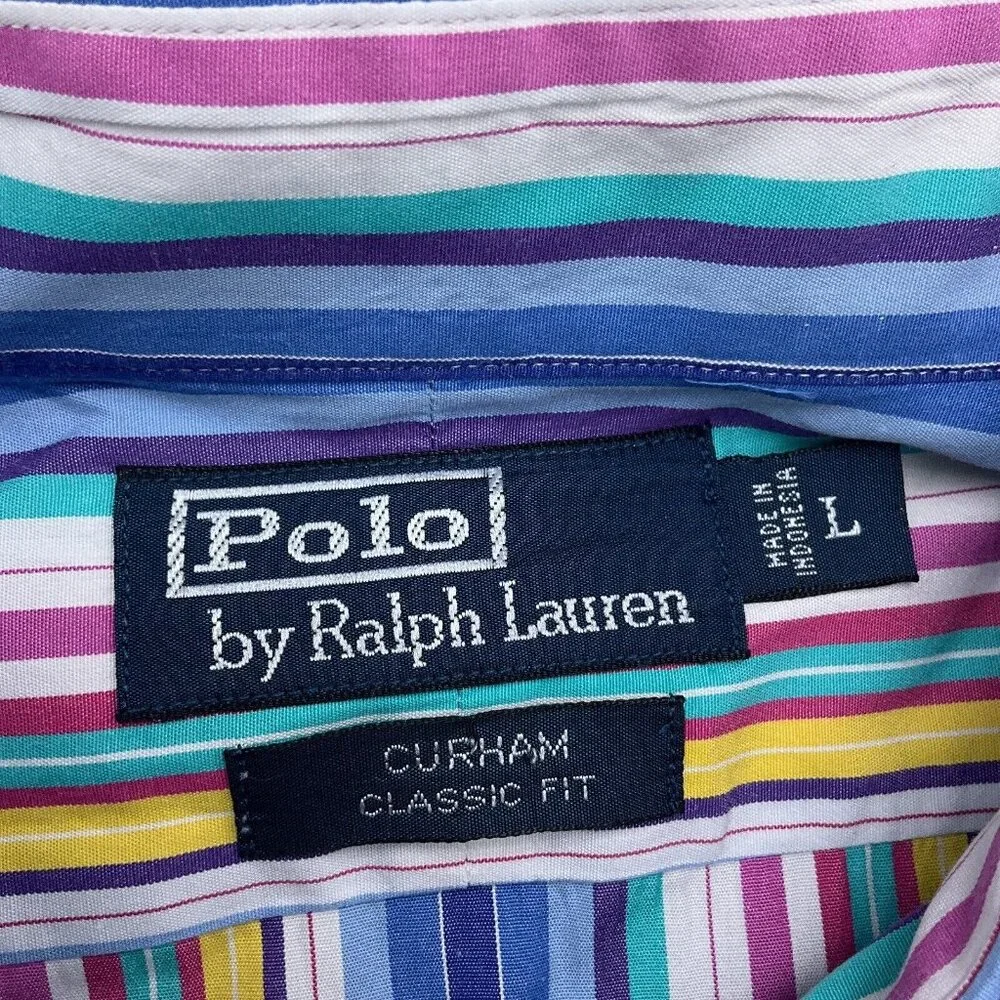 Polo Ralph‎ Lauren Shirt Men Large Blue Yellow Rainbow Stripe Curham Cotton